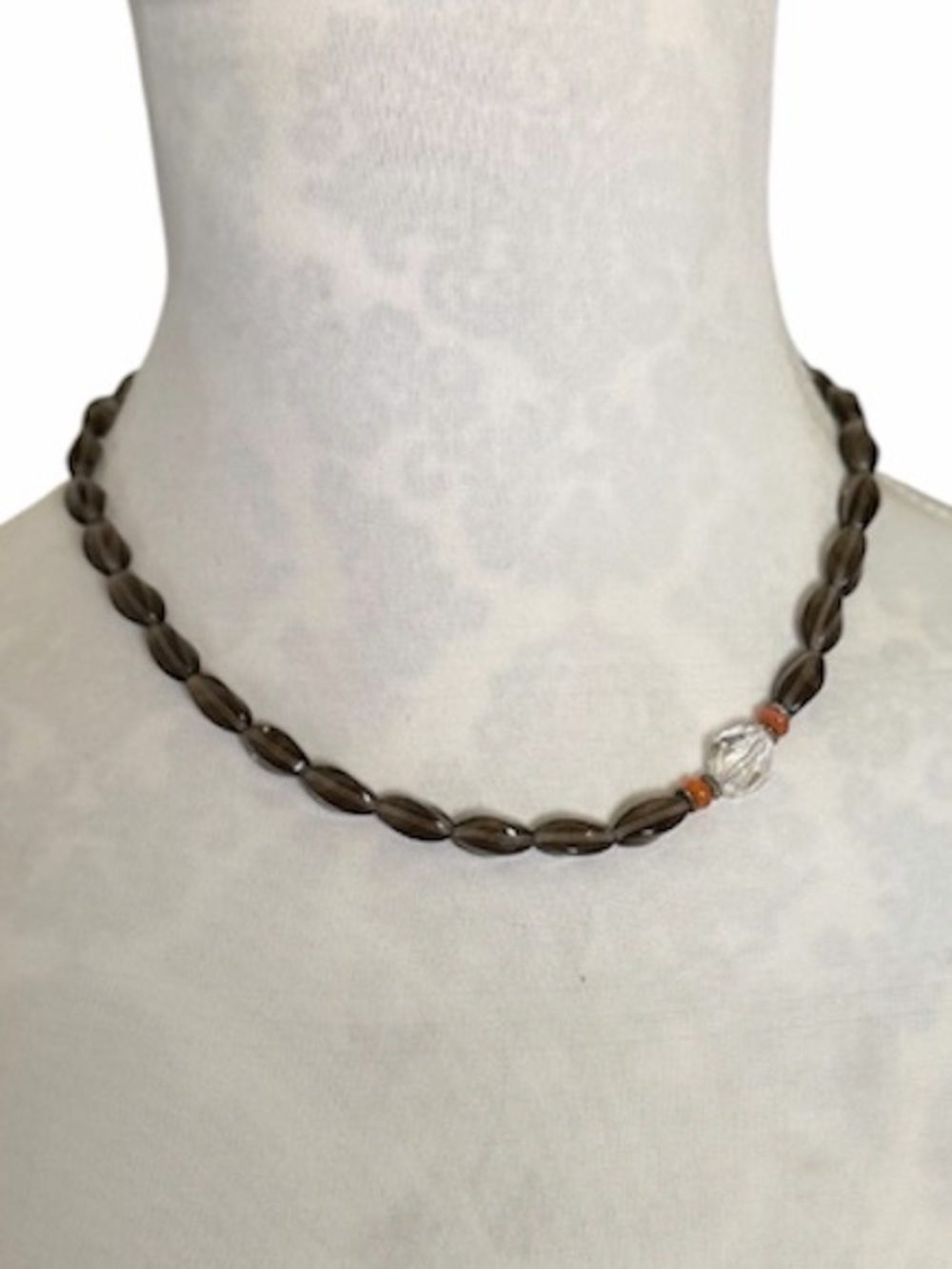 Smoky Quartz Colored Glass & Crystal Beaded Necklace | Artisan | Neutral